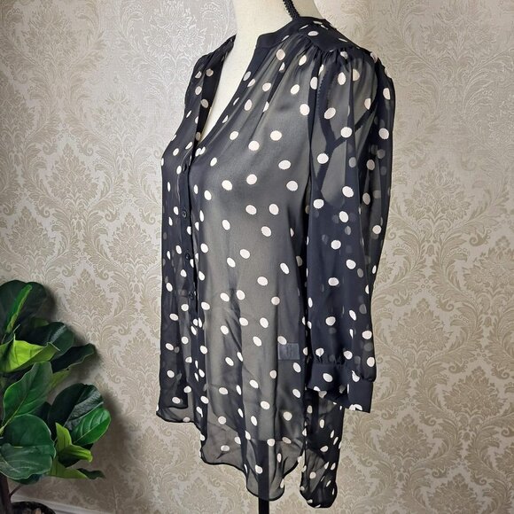 Lauren Conrad Size Medium Black with White Polka Dots Button Down Tunic Sheer - Picture 7 of 16